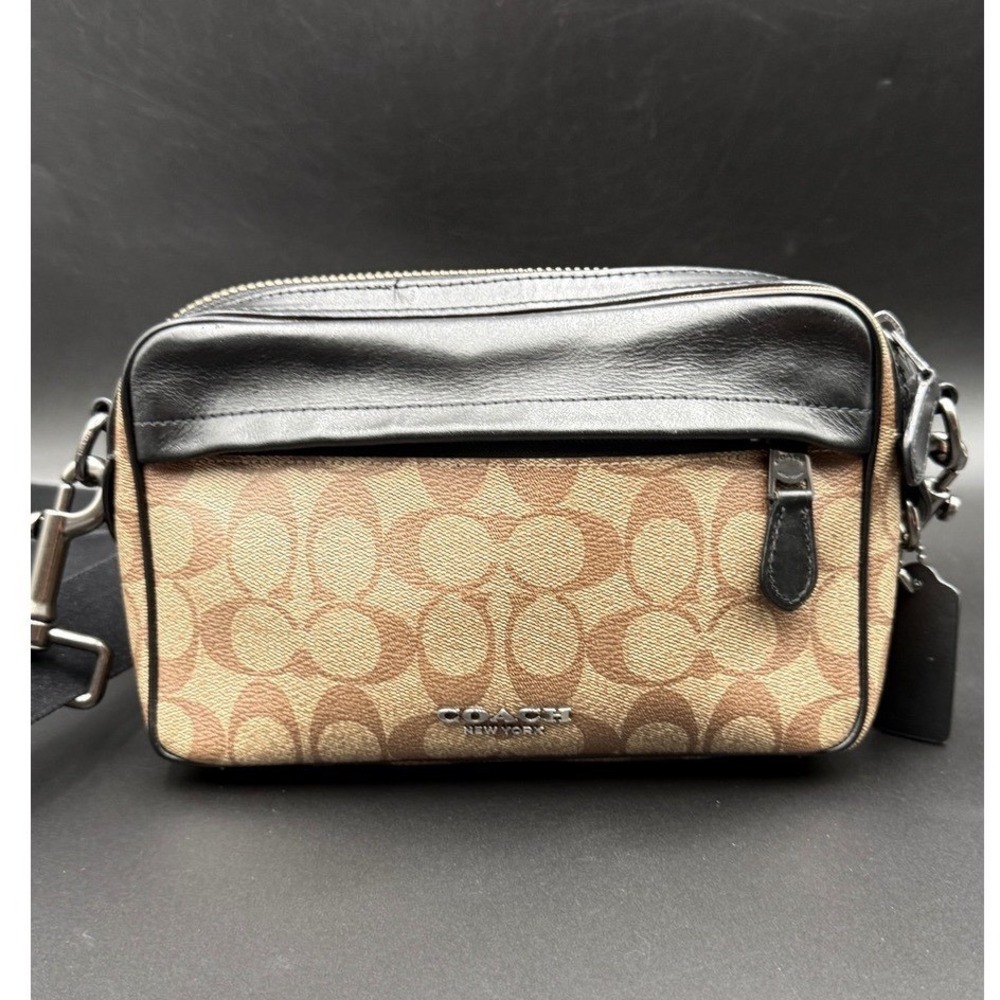 Coach F68168 Jes Crossbody Bag Signature Canvas Khaki Black Leather Adjustable